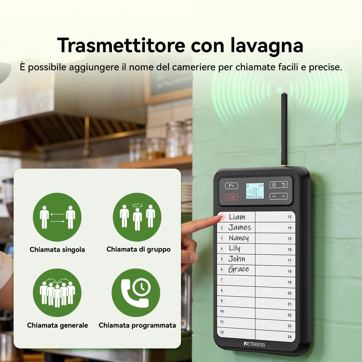 Sistema di Chiamata per Camerieri da Ristorante: Trasmettitore a Pannello Bianco TD037 e Ricevitore a Bracciale TD112