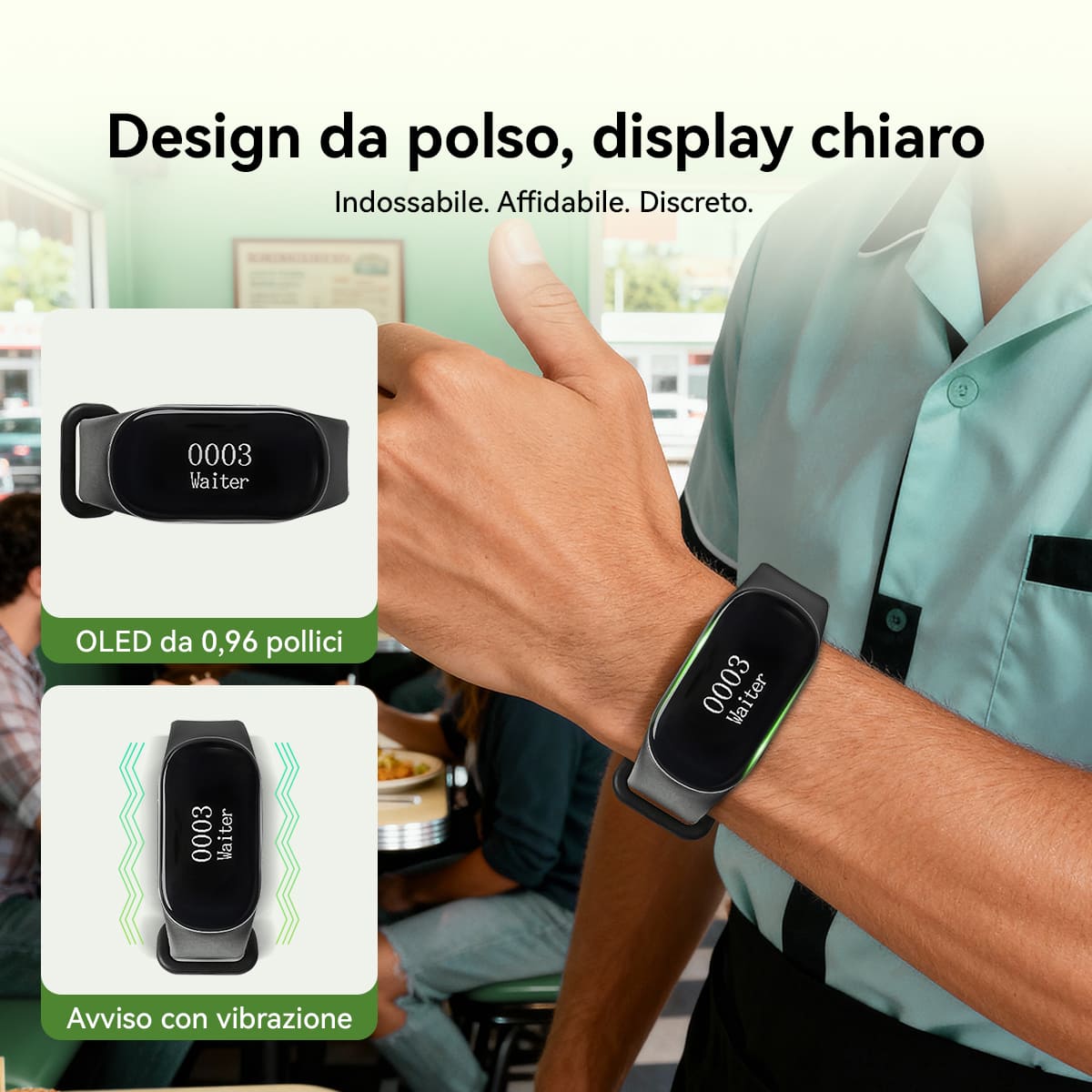 Sistema di Chiamata per Camerieri da Ristorante: Trasmettitore a Pannello Bianco TD037 e Ricevitore a Bracciale TD112