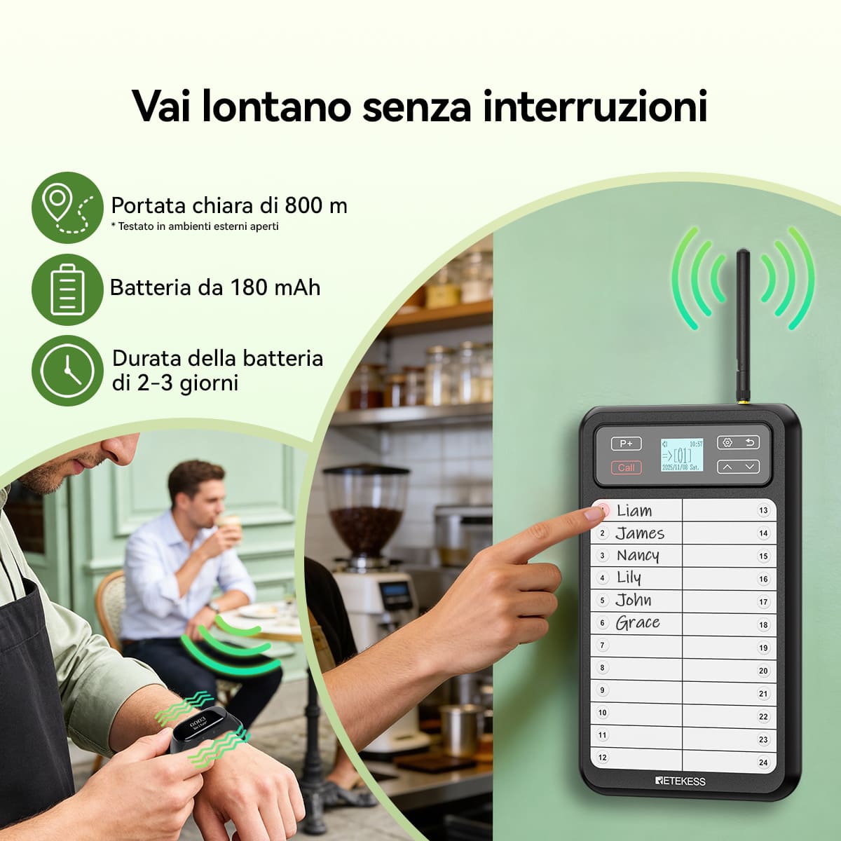 Sistema di Chiamata per Camerieri da Ristorante: Trasmettitore a Pannello Bianco TD037 e Ricevitore a Bracciale TD112