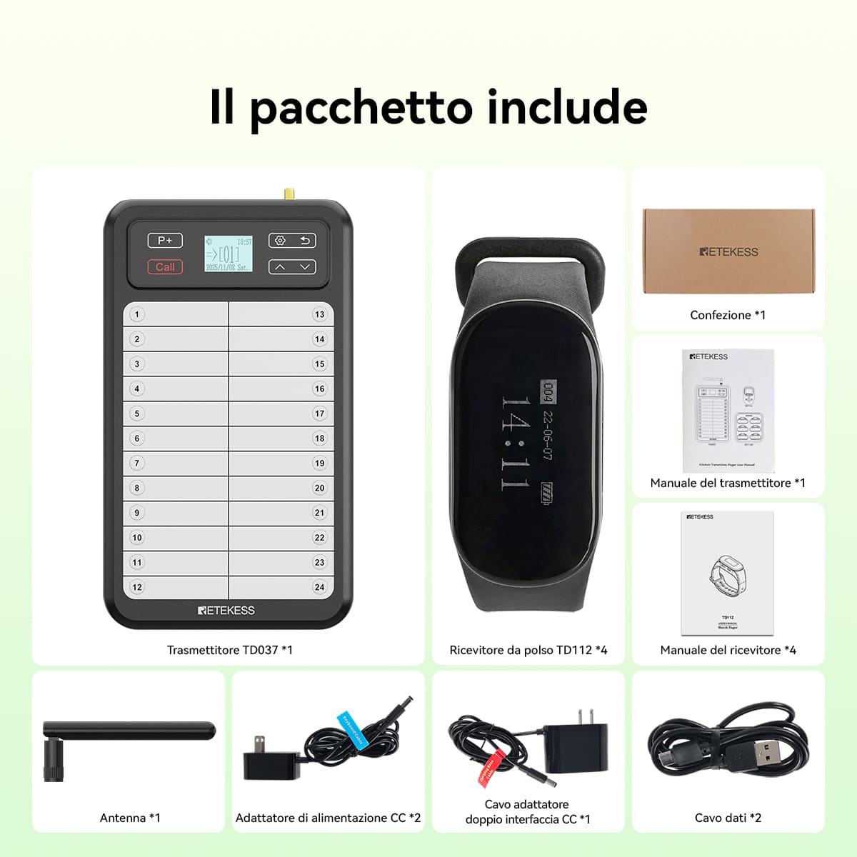 Sistema di Chiamata per Camerieri da Ristorante: Trasmettitore a Pannello Bianco TD037 e Ricevitore a Bracciale TD112
