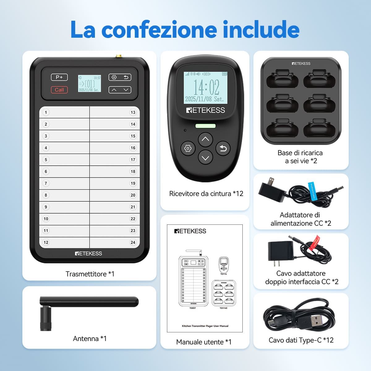 TD037 TD114 Sistema Pager Ristorante, Trasmettitore Cucina e Pager Camerieri