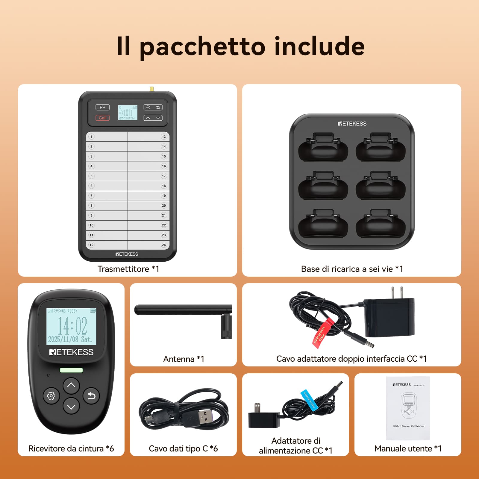 TD037 TD114 Sistema Pager Ristorante, Trasmettitore Cucina e Pager Camerieri