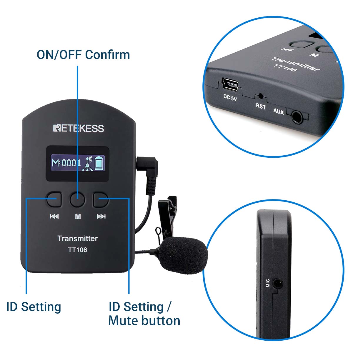 Retekess TT106 Sistemi di Interpretazione, Sistema di Guida Turistica Wireless, Ricevitore con Gancio Auricolare per Scuole, Conferenze, Formazione, Apparecchi Acustici